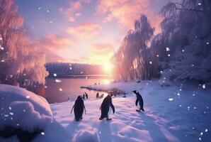 pinguini giocando nel il neve con il bellezza di il tramonto. generativo ai foto