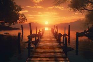 di legno ponte al di sopra di il lago con bellissimo tramonto. generativo ai foto