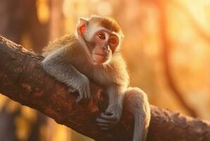 scimmia su un' albero con sfocato sfondo e luce del sole. generativo ai foto