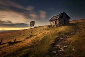 Visualizza di il capanna su il collina, lungo esposizione. generativo ai foto