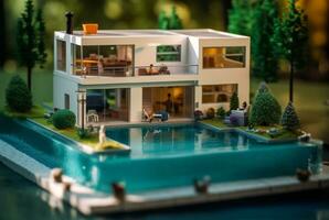 miniatura lusso Casa con nuoto piscina. generativo ai foto