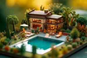 miniatura lusso Casa con nuoto piscina. generativo ai foto