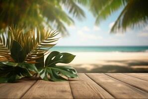 di legno tavolo con tropicale le foglie e sfocato sfondo di spiaggia e sole luce. pronto per Prodotto Schermo. generativo ai foto