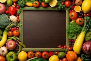 superiore Visualizza di vuoto telaio in mezzo fresco verdure e frutta. generativo ai foto