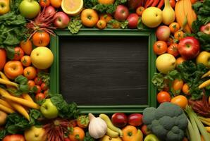 superiore Visualizza di vuoto telaio in mezzo fresco verdure e frutta. generativo ai foto