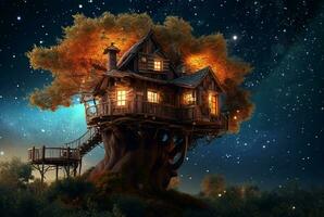 albero Casa con un' bellissimo Visualizza di il cielo a notte. generativo ai foto