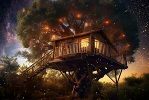 albero Casa con un' bellissimo Visualizza di il cielo a notte. generativo ai foto