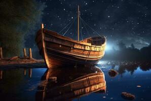 di legno barca su il fiume con il bellezza di il notte cielo. ai generativo foto