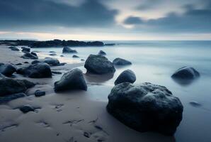 bellissimo mare visualizzazioni con rilassante e dolce rocce e onde. lungo esposizione fotografia. generativo ai foto