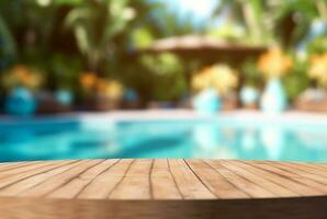 vuoto di legno tavolo con sfocato sfondo di nuoto piscina e luce del sole, per podio Prodotto Schermo. generativo ai foto
