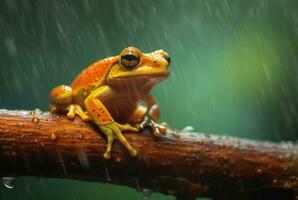 giavanese albero rana seduta su un' ramo con bellissimo sfocato sfondo e gocce di pioggia. generativo ai foto