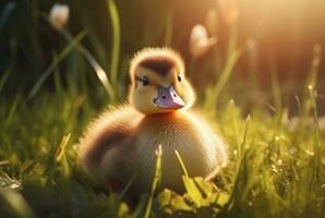 carino anatroccoli nel il giardino con sfocato sfondo e luce del sole. generativo ai foto