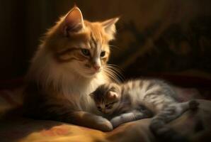 avvicinamento di gattino con carino madre gatto. generativo ai foto