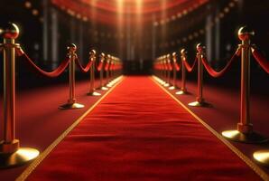 rosso tappeto corridoio con barriere e rosso corde per cinema e moda premi, un' cerimonia per celebrità persone. generativo ai foto