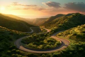 avvolgimento strada nel il colline con un' bellissimo Visualizza di il sole nel il sera. generativo ai foto