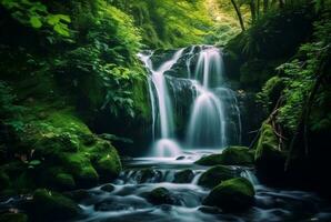 bellissimo cascata nel il verde foresta. generativo ai foto