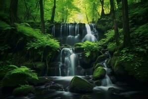 bellissimo cascata nel il verde foresta. generativo ai foto