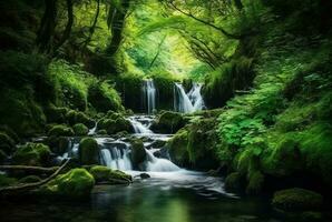 bellissimo cascata nel il verde foresta. generativo ai foto