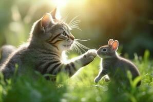 carino gatto con carino coniglietto giocando su il verde erba di il giardino con sfocato sfondo e luce del sole. generativo ai foto