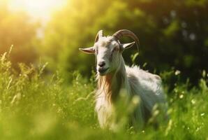 capra nel il verde erba di il giardino con sfocato sfondo. generativo ai foto