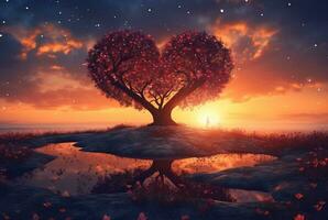 cuore sagomato albero con bellissimo tramonto. generativo ai foto