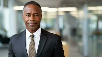 fiducioso e elegante africano americano uomo d'affari il aziendale Guarda, ai generativo foto