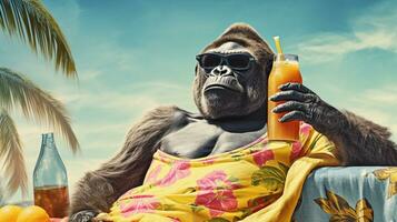 tropicale vibrazioni rilassato gorilla bagna su il sole, ai generativo foto