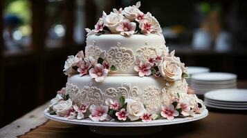 meravigliosamente decorato nozze torta con intricato dettaglio foto