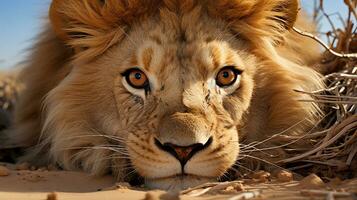 maestoso Leone roaming il africano savana, ai generativo foto