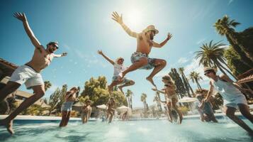 un' gruppo di amici salto in il piscina, catturato nel mezz'aria foto