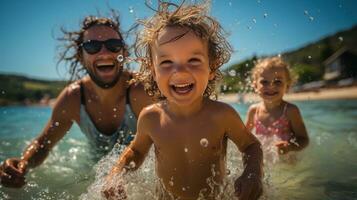 giocoso famiglia spruzzi e nuoto nel il chiaro blu acqua foto