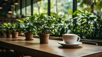 un estetico studio caffè negozio interno con un' caffè tazza e pianta un' caffè tazza e pianta su un' tavolo foto