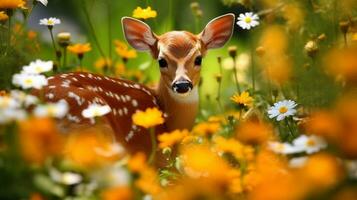 incantata incontrare cerbiatto tra fiori, ai generativo foto