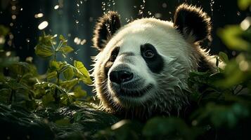 di panda porto un' maestoso incontrare nel il bambù foresta, ai generativo foto