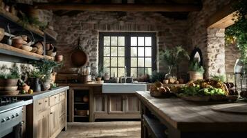 generativo ai, accogliente e affascinante rustico cucina design foto