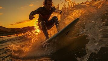 generativo ai, euforico si gonfia equitazione onde nel surfisti Paradiso foto