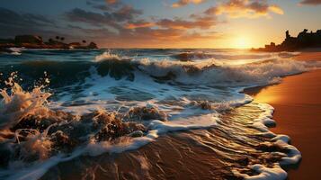 bellezza di spiaggia Alba morbido e d'oro oceano luce del sole, ai generativo foto