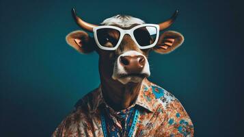 Toro nel hawaiano camicia e occhiali da sole, ai generativo foto