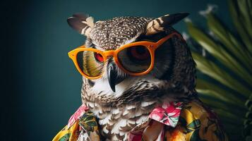 moderno gufo moda posa, hawaiano camicia e occhiali da sole, ai generativo foto