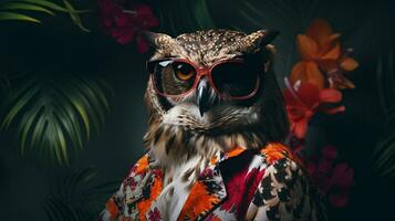 moderno gufo moda posa, hawaiano camicia e occhiali da sole, ai generativo foto