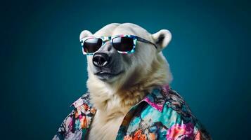 polare orso nel hawaiano camicia e occhiali da sole metà corpo, ai generativo foto
