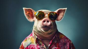 elegante maiale nel hawaiano camicia e occhiali da sole, ai generativo foto