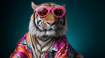 tigre un' trippy hawaiano camicia e occhiali da sole metà corpo, ai generativo foto