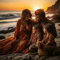 amorevole famiglia coccole e Guardando il tramonto su il spiaggia foto