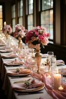elegante ricezione tavoli decorato con rosa e oro Accenti foto