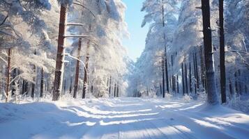 panoramico inverno strada attraverso foresta coperto nel neve dopo nevicata foto