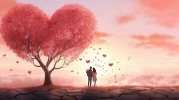 un' uomo e un' donna in piedi sotto un' cuore sagomato albero. generativo ai foto