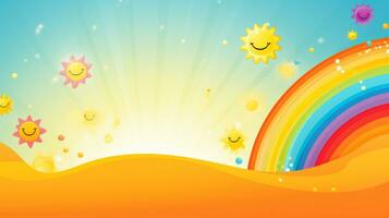 cartone animato arcobaleno con sole, stelle, e nuvole. generativo ai foto