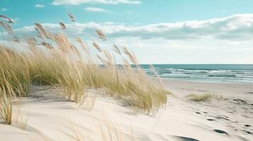 sabbioso spiaggia con erba soffiaggio nel il vento. generativo ai foto