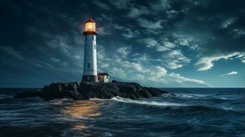 faro seduta su superiore di un' roccia nel il oceano. generativo ai foto